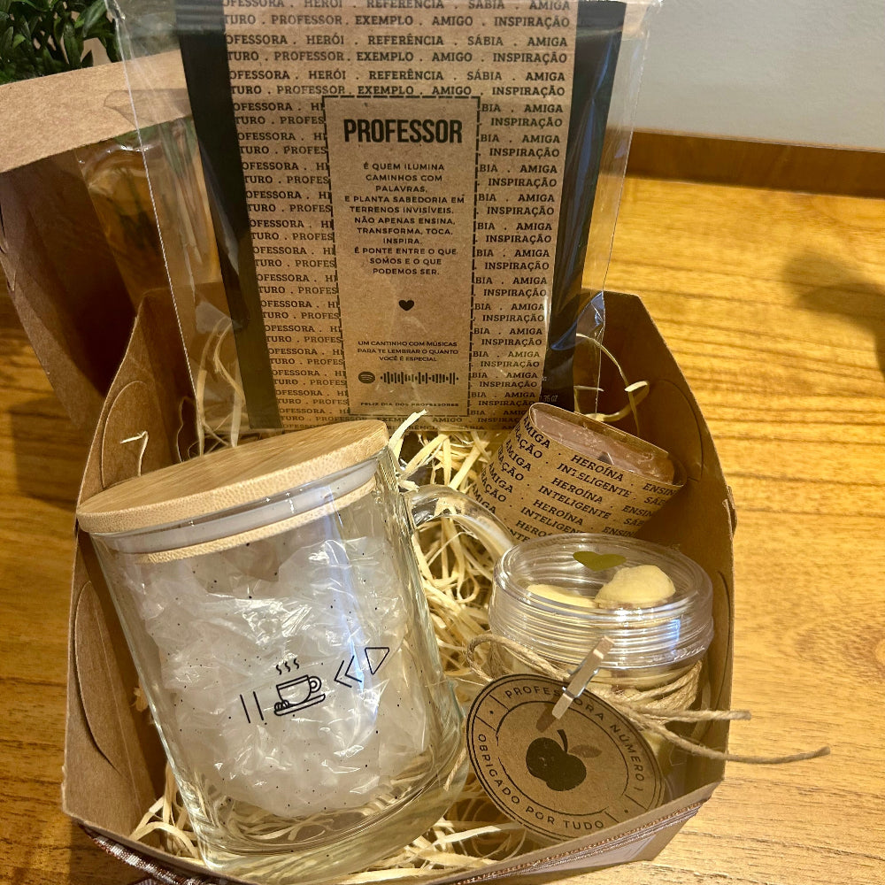 Box Carinho Dia dos Professores Caneca Pause com Tampa de Bambu