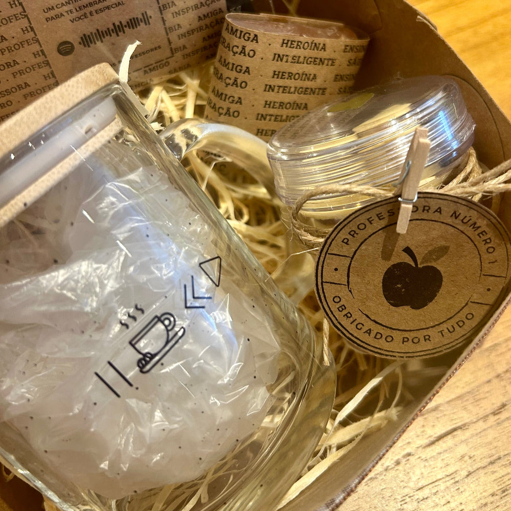 Box Carinho Dia dos Professores Caneca Pause com Tampa de Bambu